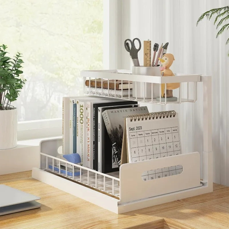 2 Tier Under Sink Organizer Pull Out Sliding Drawer, Fixed Metal Storage Rack for Kitchen Bathroom, Cleaning & Spice Organizer