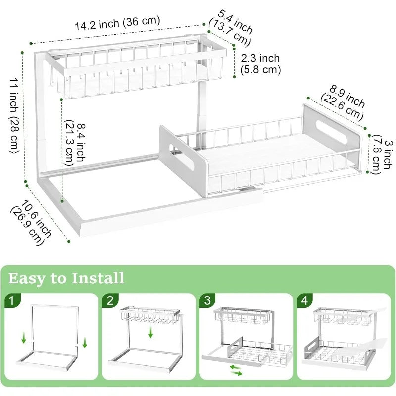 2 Tier Under Sink Organizer Pull Out Sliding Drawer, Fixed Metal Storage Rack for Kitchen Bathroom, Cleaning & Spice Organizer