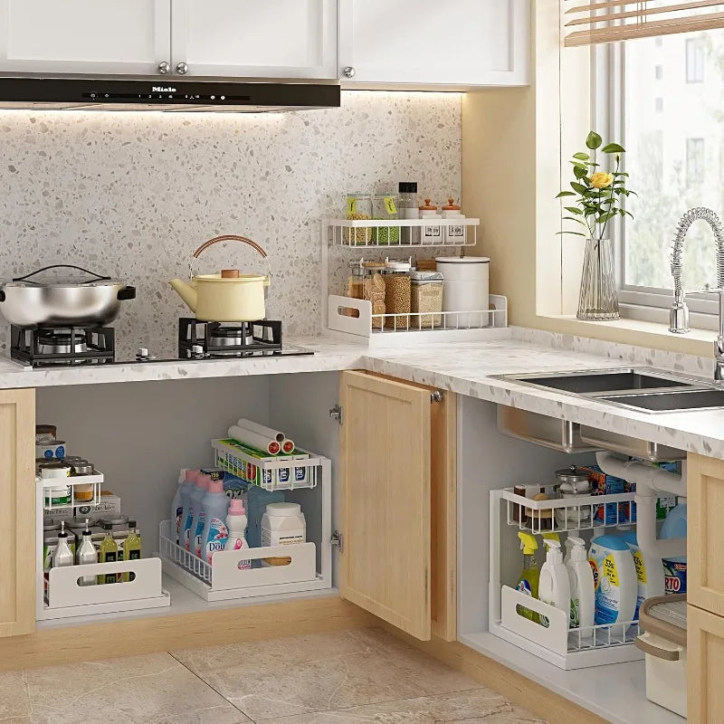 2 Tier Under Sink Organizer Pull Out Sliding Drawer, Fixed Metal Storage Rack for Kitchen Bathroom, Cleaning & Spice Organizer