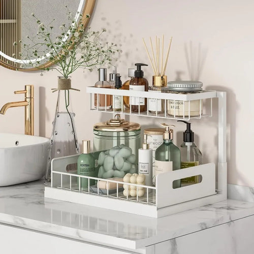 2 Tier Under Sink Organizer Pull Out Sliding Drawer, Fixed Metal Storage Rack for Kitchen Bathroom, Cleaning & Spice Organizer