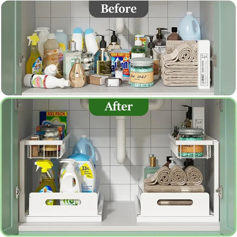 2 Tier Under Sink Organizer Pull Out Sliding Drawer, Fixed Metal Storage Rack for Kitchen Bathroom, Cleaning & Spice Organizer