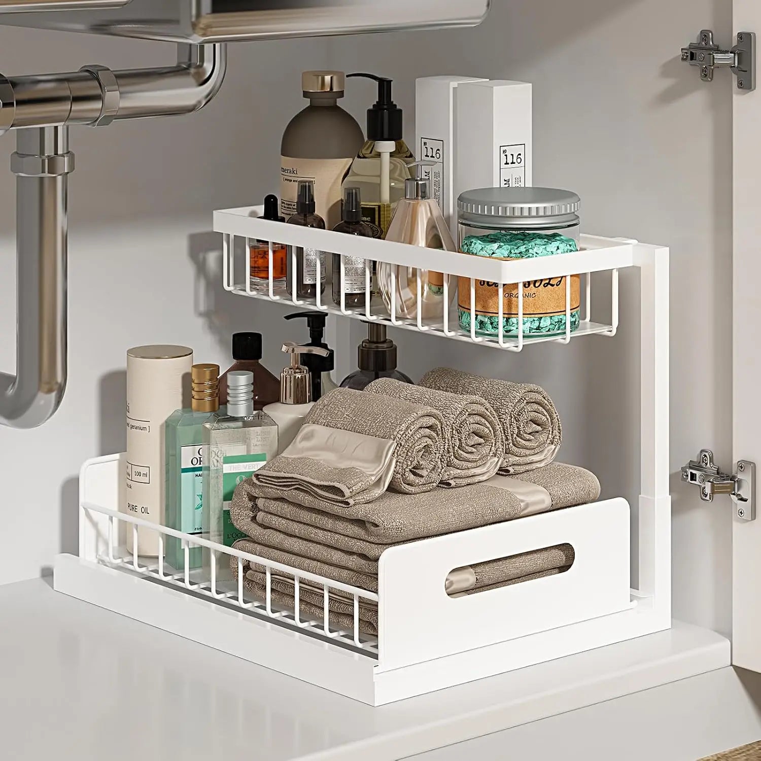 2 Tier Under Sink Organizer Pull Out Sliding Drawer, Fixed Metal Storage Rack for Kitchen Bathroom, Cleaning & Spice Organizer