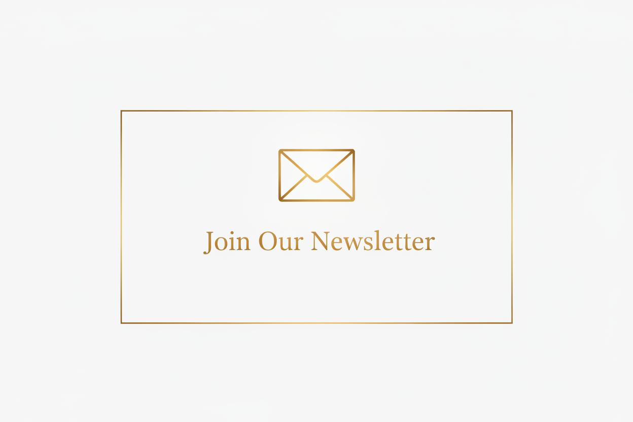 A minimalist gold and white promotional graphic with an envelope icon, the text 'Join Our Newsletter,' and a 'Subscribe' button inside a thin rectangular border.